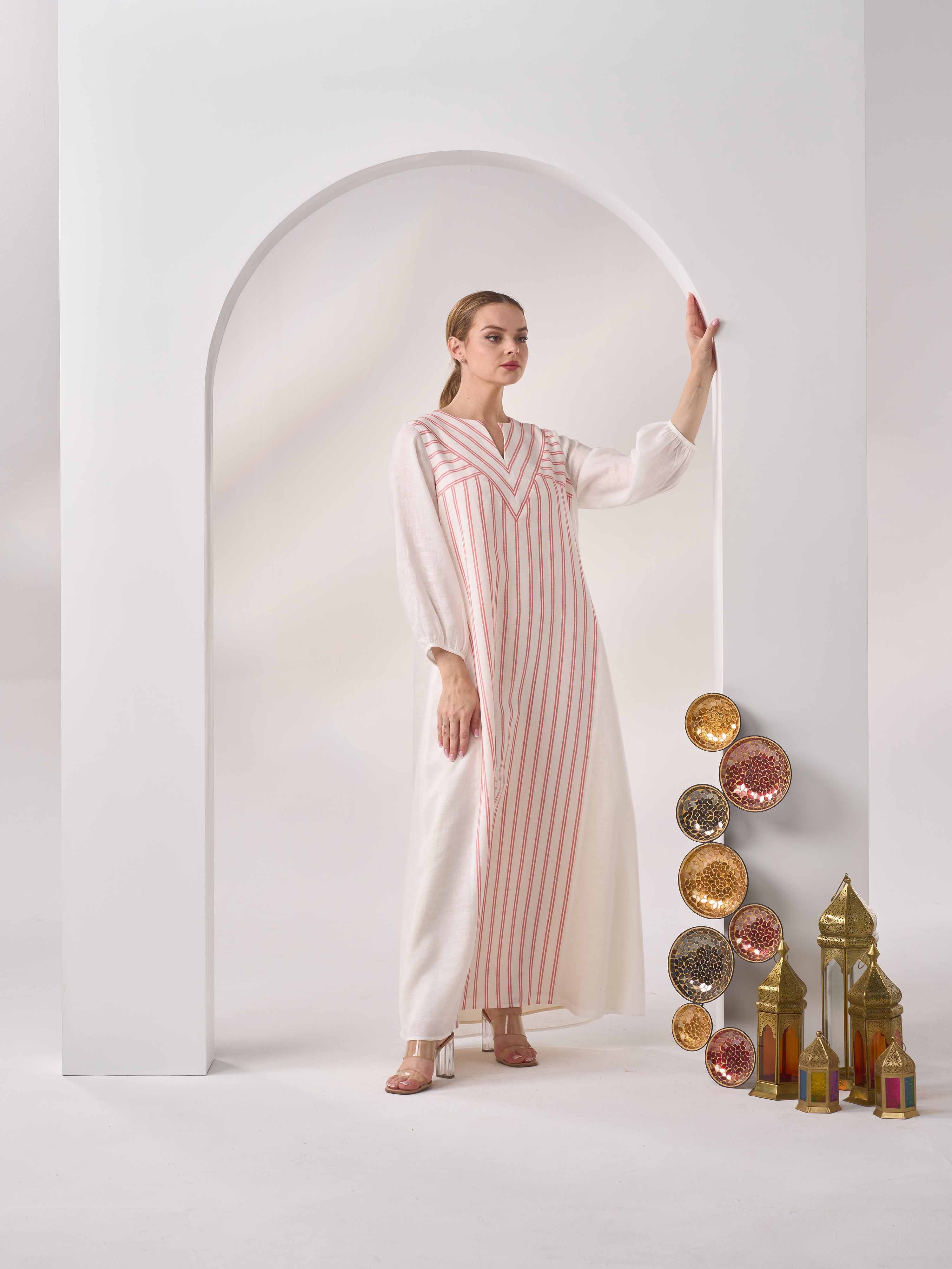 V-Cut Linen Kaftan - Designer Kaftan Bahrain | Nesma Studio